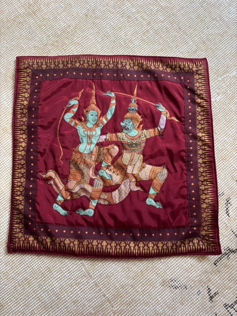 Vintage Burgundy and Teal Thai Warrior Pillow Cover